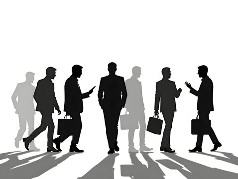 Silhouettes of walking and standing business men holding briefcases and documents in format illustration