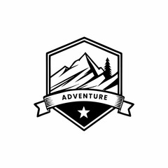 Vintage Mountain Adventure Badge Set Hiking, Wilderness, and Outdoor Emblem Collection.
