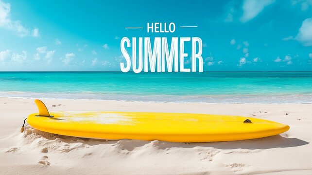 A bright yellow surfboard rests on the warm sandy beach under the sunlight - Powered by Adobe