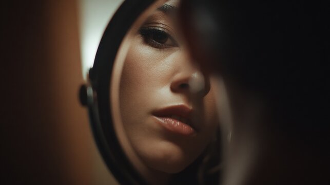 Close up of a woman's face partially obscured, reflected in a round mirror, illuminated by soft, cinematic lighting that creates a moody and introspective atmosphere