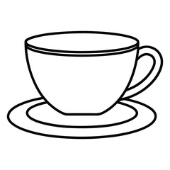 A quaint tea cup and saucer icon in a thin line art style. Perfect for tea rooms, high-tea invitations, and beverage packaging. This elegant design represents comfort, tradition, and relaxation.