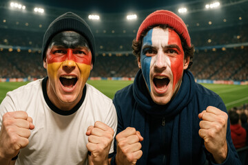 Germany and France Fans Cheering at Night Stadium

