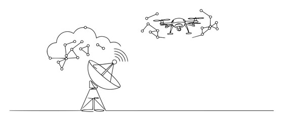 drones in cloud network with signal antenna outline drawing
