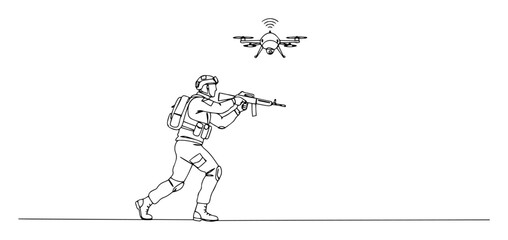 soldier aiming at drone in air outline vector drawing