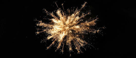 Bright golden firework burst with radiating sparks against a black background. Festive designs, celebration graphics, or holiday NewYear promotions.	