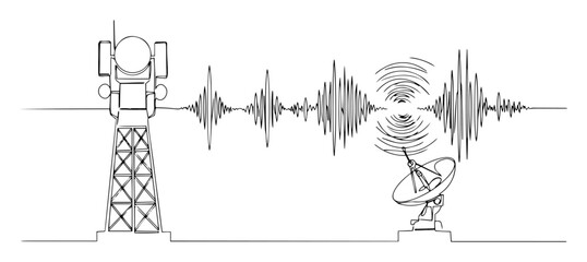 communication tower and satellite dish with sound waves outline vector