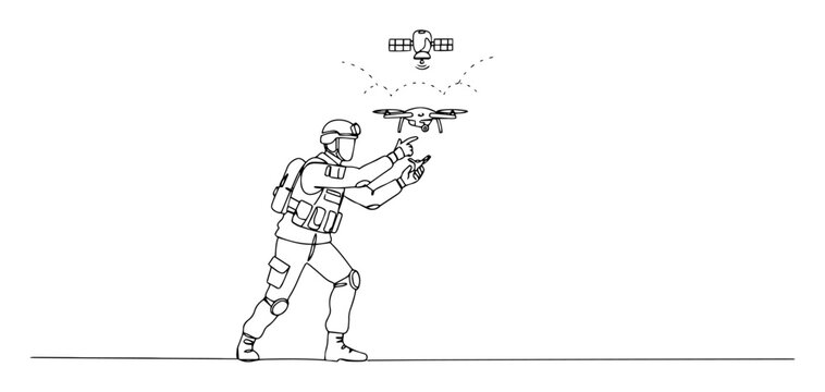 soldier operating drone, black line art clip art preview