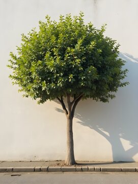 A tree is shown in front of a wall