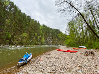A man is comfortably seated in his kayak, gracefully gliding along a flowing river, completely surrounded by the breathtaking beauty of nature and the vibrant greenery all around him