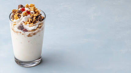 Creamy yogurt parfait topped with granola, nuts, and berries clear glass. delicious and healthy