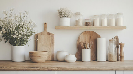Chic minimalist beige‑and‑white kitchen shelf accented with warm wooden utensils—open, airy, and elegantly practical for daily cooking.