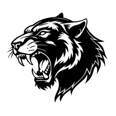 Obraz premium Fierce Black and White Panther Head Vector Illustration – Snarling Profile with Sharp Teeth, Intense Eyes, Bold Linework, Tattoo-Style Art, High Contrast Sports Logo Design on Clean Background