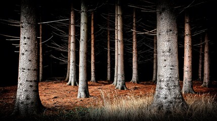 Dark forest trees in natural light