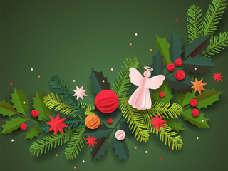 Paper cut template. Christmas vector greeting card. Christmas tree, balls, and a decor isolated on a red background. Winter frame for holidays with place for text.
