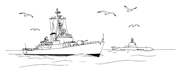 warship sailing with seagulls near lighthouse monoline vector © Wieslaw