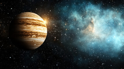 Stunning view of gas giant planet surrounded by colorful nebula and stars