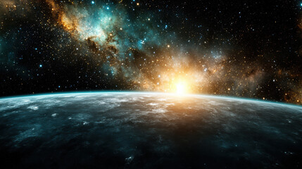 Stunning cosmic scene featuring vibrant galaxy with bright stars and glowing sun rising over