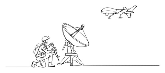 soldier near satellite dish observing drone monoline sketch