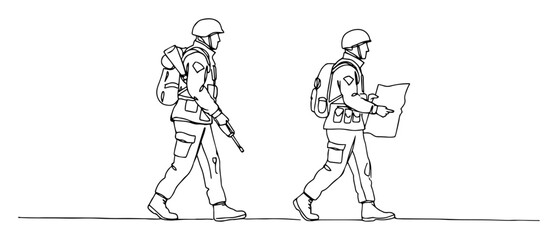 two soldiers walking with map and gear monoline sketch