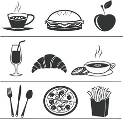 
This collection of images displays various black and white illustrations and icons of popular fast food items, beverages, and other food-related elements