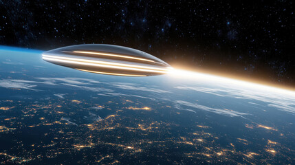Obraz premium Sleek spaceship glides above Earth, leaving bright trail of propulsion in dark cosmos