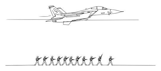 Fototapeta premium jet fighter flying over marching soldiers monoline vector
