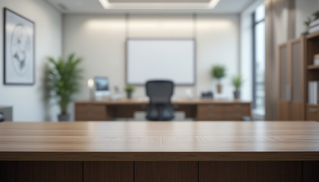 Wooden desk table in focus with video background blur of modern office interior