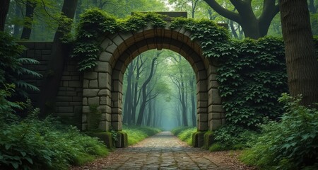 Enchanted Stone Archway Leading into Lush Green Forest Pathway