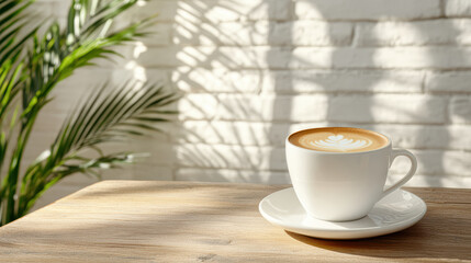 Fototapeta premium Serene coffee scene featuring latte with beautiful foam art, sunlight casting shadows