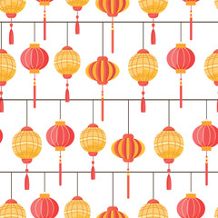 Red Chinese Lamps seamless pattern. Flat vector clipart, illustration with isolated background.
