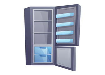 Cartoon isolated vector illustration of an open empty fridge. Modern side by side refrigerator with shelves and drawers, perfect for kitchen designs, games, or educational materials.