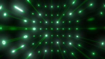 Fototapeta premium A green digital tunnel of glowing particles and energy rings radiates forward with luminous beams in a grid structure