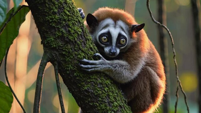 Javan slow loris clinging to a tree at sunset