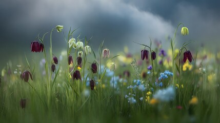 Snakes head fritillaries in wild meadow