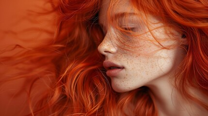 Fiery copper red fuzzy hair wildly soft voluminous catching the light for an untamed and elegant effect