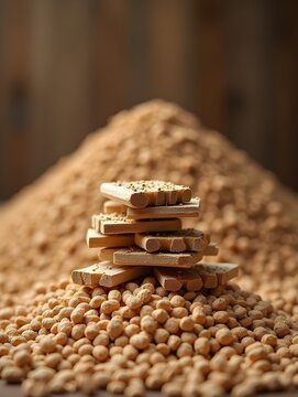 Stacked biomass wood pellets pile with blurred background and copy space for text placement.
