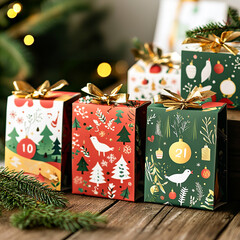 Christmas DIY advent calendar. beautifully designed gift boxes with gold ribbons, adorned with winter motifs. A cozy holiday scene.	