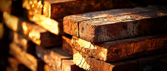 Close-up of stacked red bricks with golden shimmer textures and warm lighting. Industrial construction material, abstract backgrounds, architecture, masonry, or building design concepts.	
