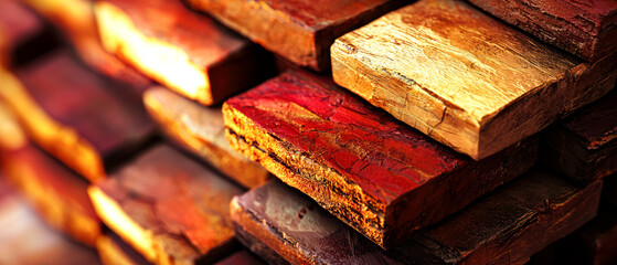 Close-up of stacked red bricks with golden shimmer textures and warm lighting. Industrial construction material, abstract backgrounds, architecture, masonry, or building design concepts.	
