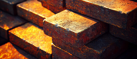 Close-up of stacked red bricks with golden shimmer textures and warm lighting. Industrial construction material, abstract backgrounds, architecture, masonry, or building design concepts.	
