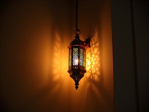 Ornate lantern casting warm glow on textured wall during ramadan
