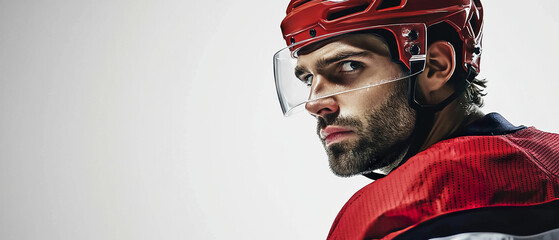 Close-up portrait of a hockey player in a red helmet and uniform, with a focused gaze and protective visor, set against a white studio backdrop. Sports banner and action themes.	