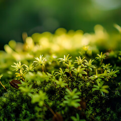 Vibrant close-up of lush green moss texture. Summer nature background and eco-themed projects.	