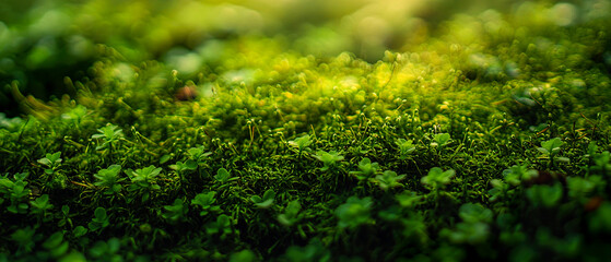 Vibrant close-up of lush green moss texture. Summer nature background and eco-themed projects.	