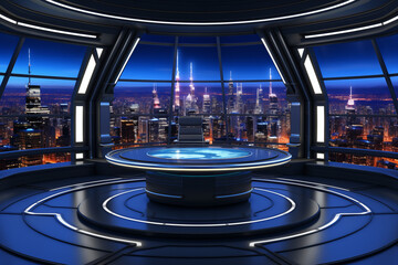 A futuristic news studio with large windows overlooking the city skyline at night, modern round tables and holographic screens.