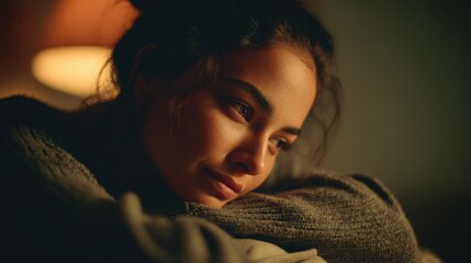 In a dimly lit room with warm, cinematic lighting, a young woman rests her chin on her knees, her gaze distant and contemplative, creating a serene yet introspective atmosphere
