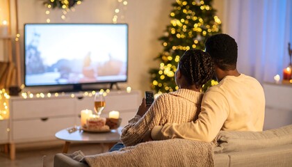Naklejka premium Couple watching TV with Christmas evening.