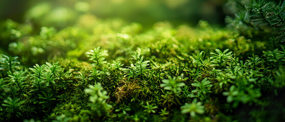 Vibrant close-up of lush green moss texture. Summer nature background and eco-themed projects.	