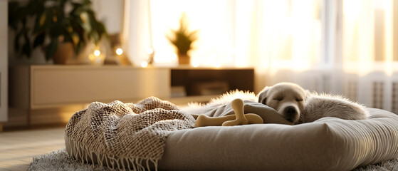 Cute puppy sleeping in a cozy pet bed with a bone toy, placed on a apartment. Inviting indoor setting for pet care, home decor, or cozy lifestyle themes. 