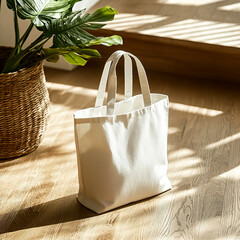 Minimal mockup with blank white tote bag on a cozy wooden floor with trendy potted plant bathed in soft natural light. Eco-friendly designs, branding, or artwork	